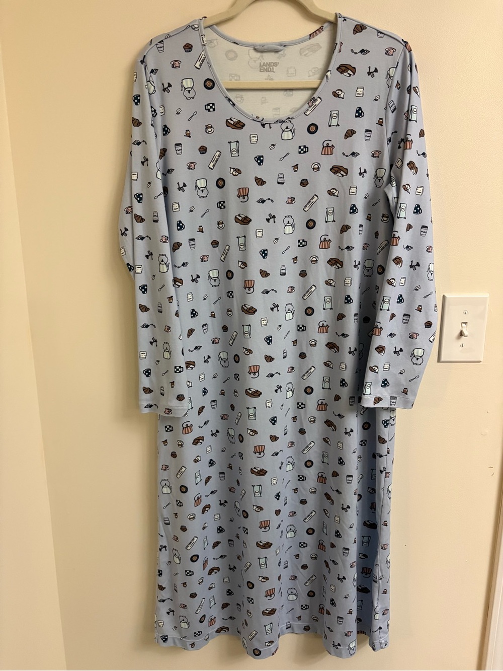 Lands’ End Cotton French Café Breakfast Nightgown Large Blue Sleep Dress Soft
